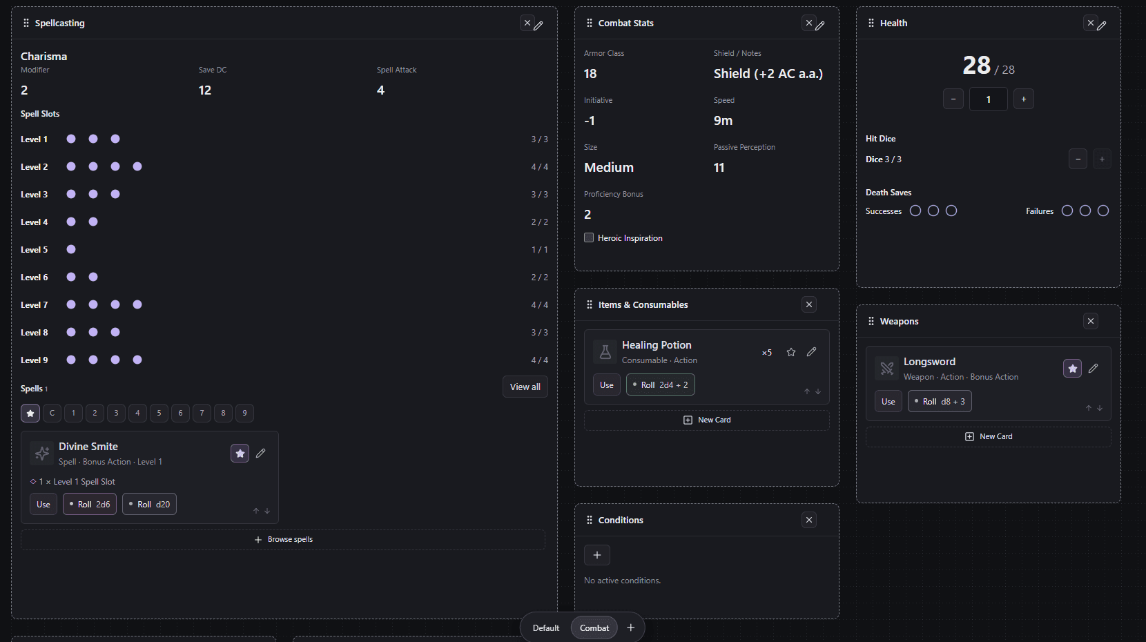 Sigil's Edit Layout mode with drag handles and hide controls on spellcasting, combat stats, health, items, weapons and conditions cards.